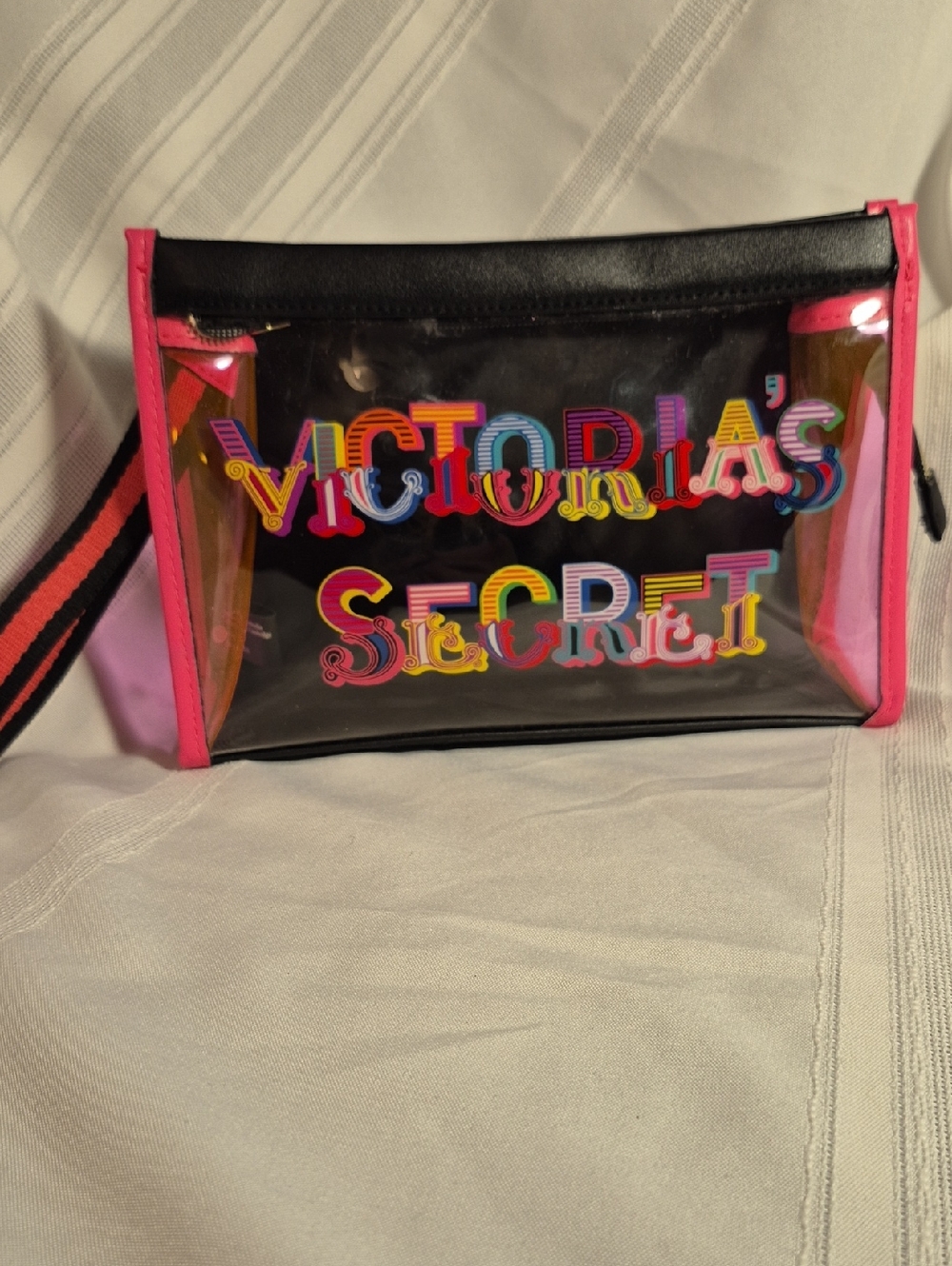 NWOT Victoria's Secret Clear Carnival Cosmetic Pouch with Pink Trim